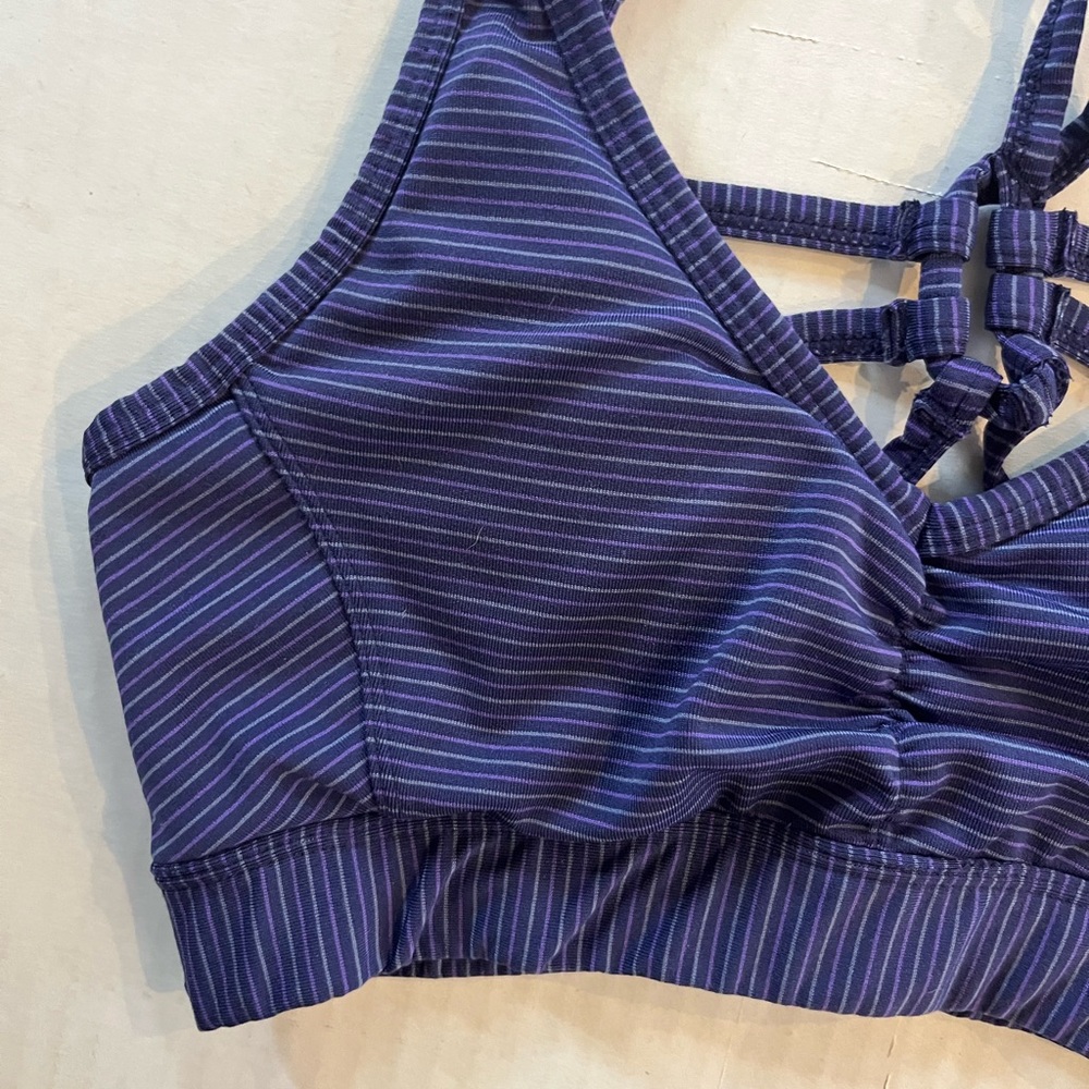 Prana Dreaming sports bra purple striped strappy caged back V neck size XS - Picture 3 of 8
